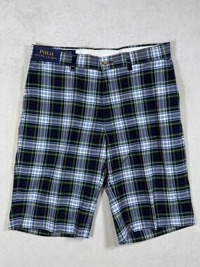 NWT Polo Ralph Lauren 31W Navy, Green & White Plaid Flat Front Shorts Madras